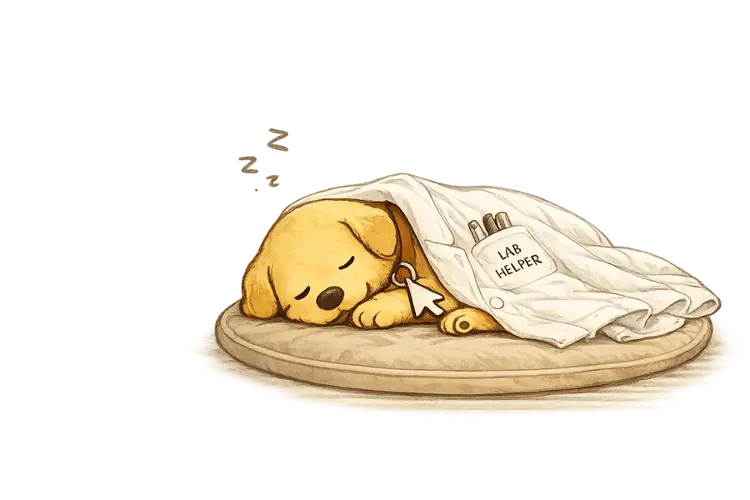 Click sleeping under a tiny lab coat